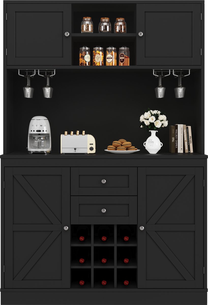 Kast met verstelbare planken & wijnrek, Hoge kast met 4 deuren & 2 lades, Sideboard voor keuken & woonkamer, Buffetkast, zwart