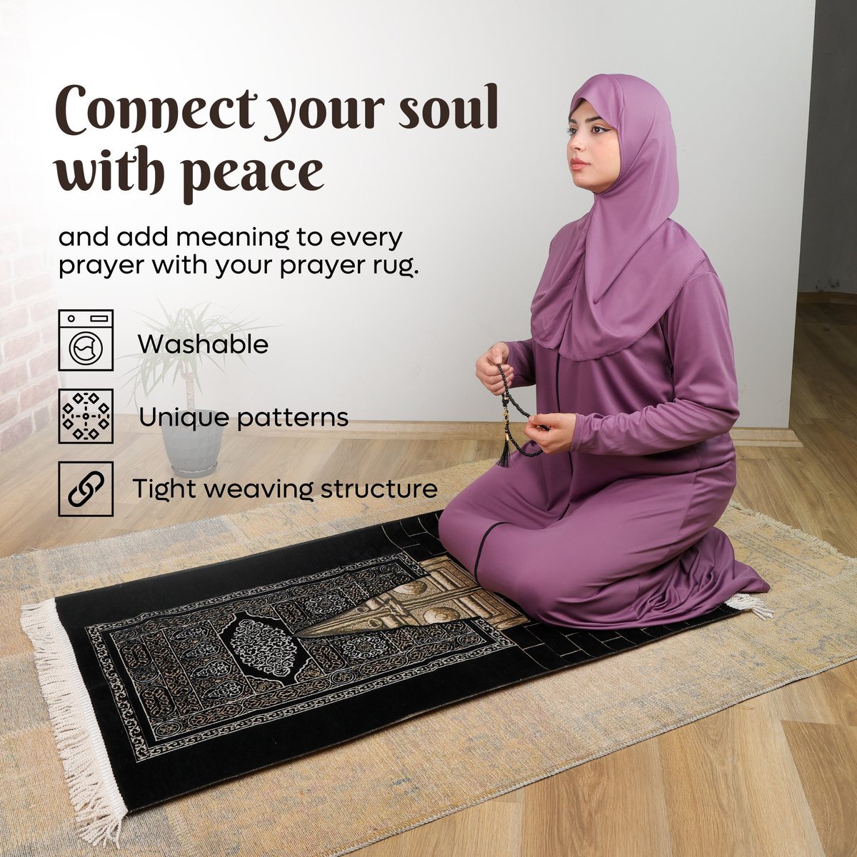 Bruine FIRASET Islamitische Gebedskleed - Seccade - Turkse Zachte Dunne Gebedsmat Janamaz Sajada Inclusief Gebedskralen Ramadan Eid Geschenk Voor Mannen En Vrouwen 66x110 Cm