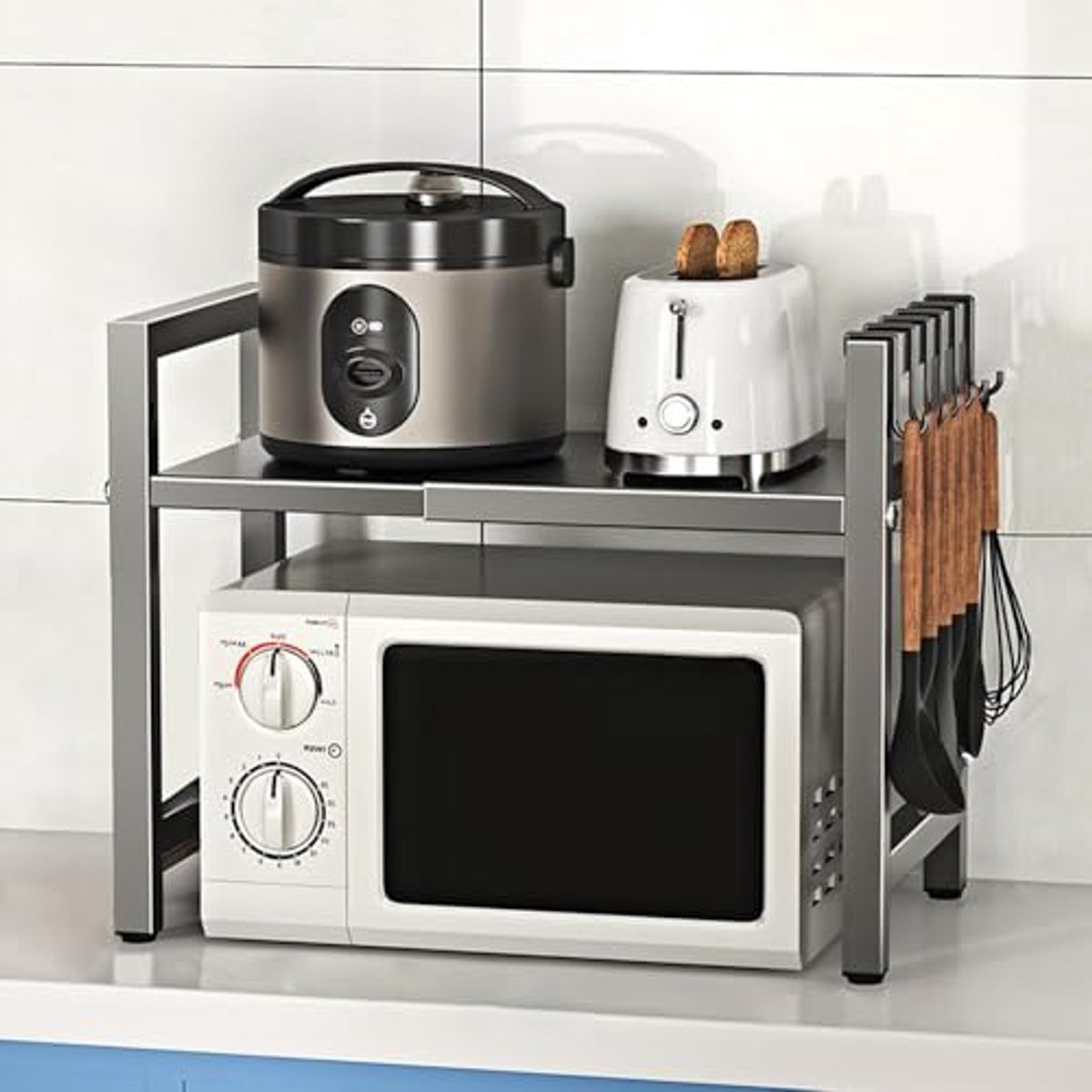Uitbreidbaar Magnetronrek met Haken – Keuken Organizer voor Aanrecht