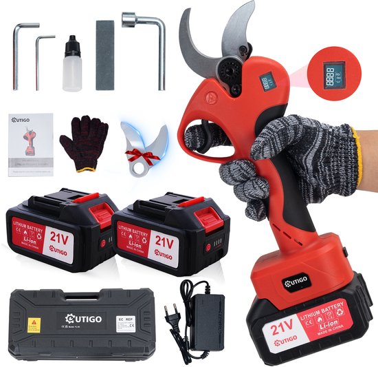 OUTIGO - Draadloze elektrische snoeischaar, snoeischaar met 2 accu's van 3000 mAh, snoeischaar van 40 mm met display, snoeischaar van 800 W met borstelloze motor voor tuinonderhoud, fruitbomen en wijngaarden