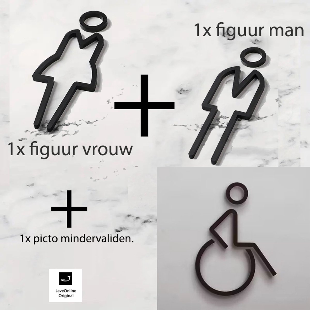Kleedkamer of Toilet deurbord - MAN + VROUW + Mindervaliden / Gehandicapten / Rolstoel 3D - Hoogwaardig Acryl bord - Zelfklevend - Pictogram - Deurbord - Dames en Heren kleedkamer