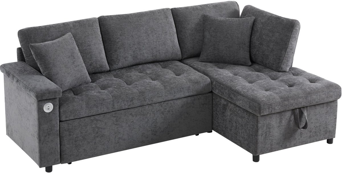 Merax L-vormige Slaapbank met Opbergruimte - Uitschuifbaar Sofa Bed met USB Oplaadfunctie - Armleuningrek - 2 Kussens - Fluwelen Chenille Stof - Grijs
