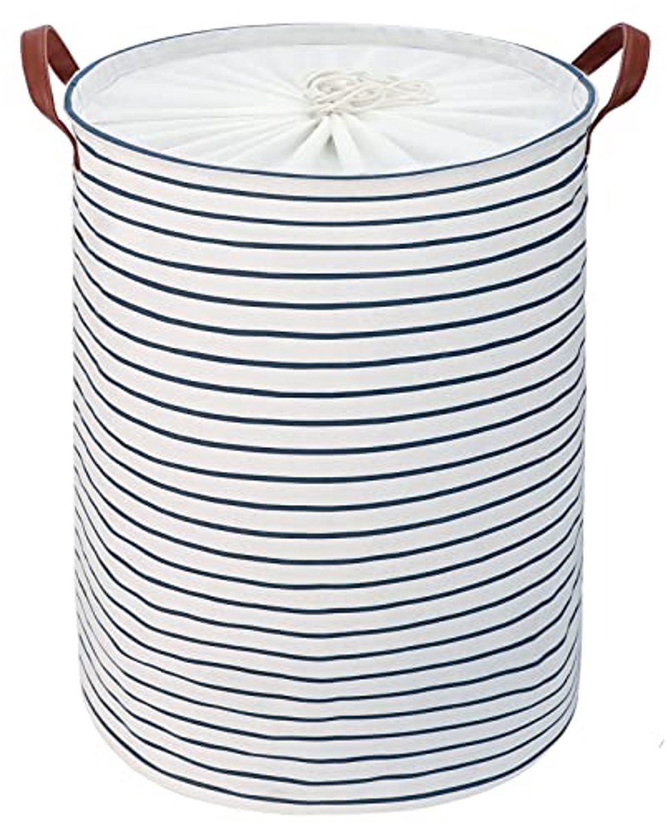 Vrijstaande 24-inch wasmand met deksel en trekkoord - Extra grote opvouwbare wasgoedopbergmand (Blauw)