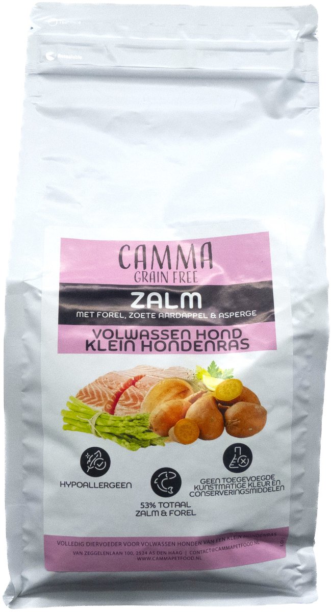 Camma Petfood Camma Graanvrij Zalm met Forel, Zoete Aardappel & Asperge - Volwassen Hond Klein Hondenras 2kg