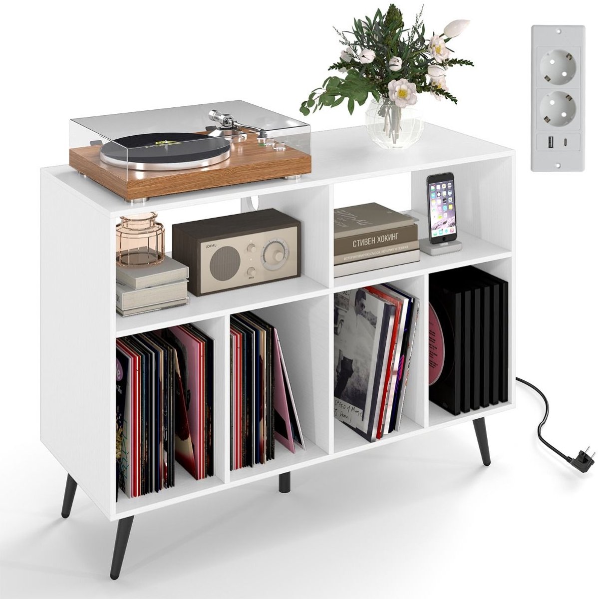 Platenspeler Meubel - LP-kast - Platenspelerkast - Draaitafelstandaard - Platenspelerstandaard - Vintage Displayplank - Wit
