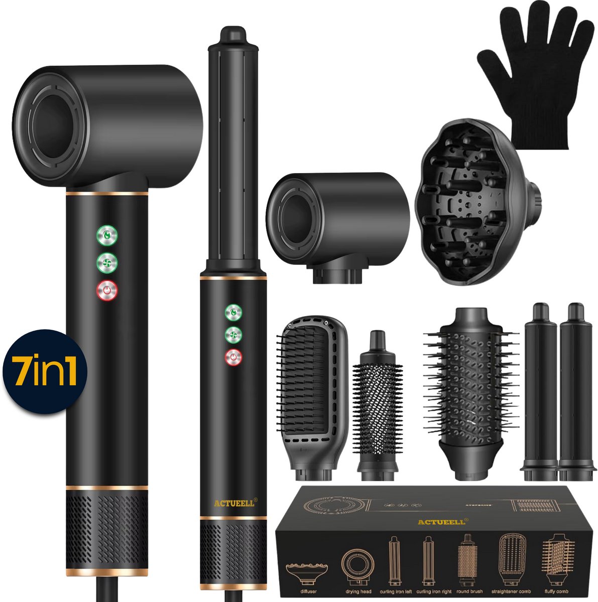 Actueell®Pro Airstyler krultang 7 in 1 Multistyler Föhn - 1400 Watt Haarstyler - Hairwrap Föhnborstel - Haardroger - Stijlborstel en Krulborstel – Warmteborstel – Thermal Brush- Heteluchtborstel – Haarfohn - Warmte handschoen - Zwart