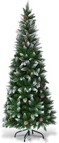 Slanke kerstboom met dennenappels en besneeuwde takken op een metalen standaard.