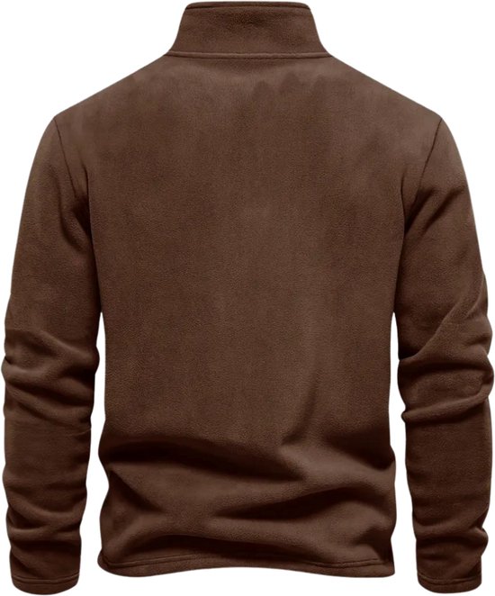 Bruine fleece trui met hoge kraag, lange mouwen en rits, achterkant.