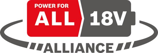 Logo met "Power for ALL 18V ALLIANCE" in rode en grijze vlakken.