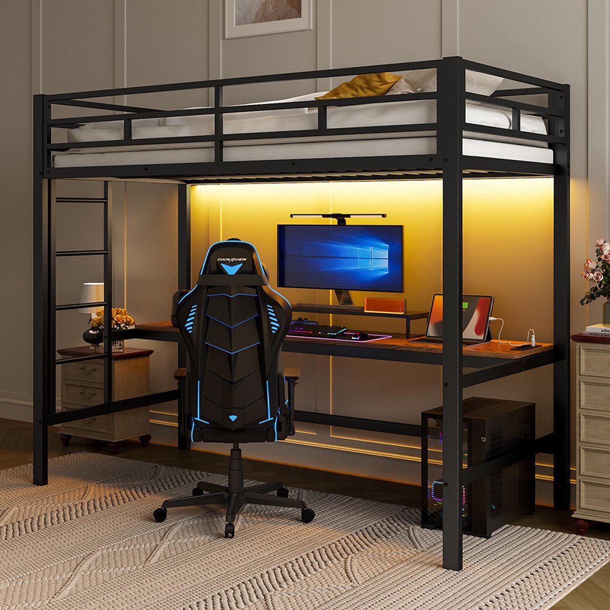 KOMHTOM BLACKCOLORS Hoogslaper, 90*200 cm, leuning, trapje, tafel met USB en stopcontact, Wire Control-lichtstrip, sfeerverlichting met afstandsbediening compatibel met apps, voldoet aan de norm EN747, zonder matras, metaal, zwart