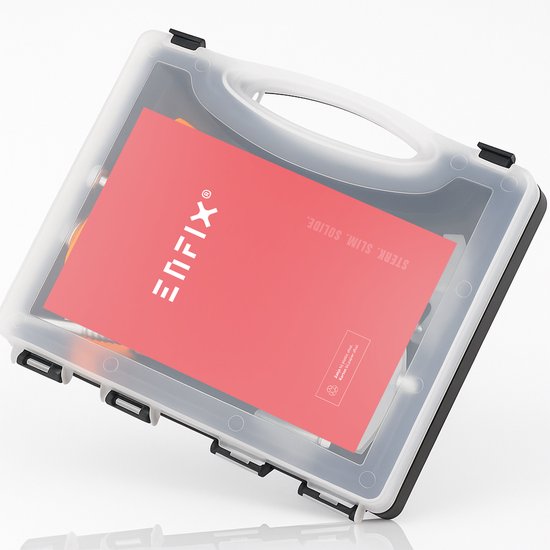 Opbergkoffer met rode folder met Enfix logo.