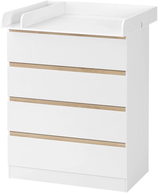 Witte Dressoir 1-delige set - 4 Laden Commode - Baby Meubel - Verstelbare Verschoontafel - Veilig Design - Ruime Opbergladen - Multifunctioneel voor Kinderkamer - Antikantelvoorziening - Comfortabele Hoogte 110 cm - Spaanplaat & MDF