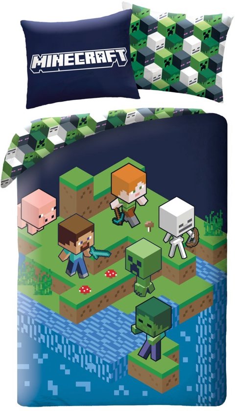 Dekbedovertrek met Minecraft-personages zoals Steve, Alex, een Creeper, een varken, een skelet en een zombie, op groen land met water.