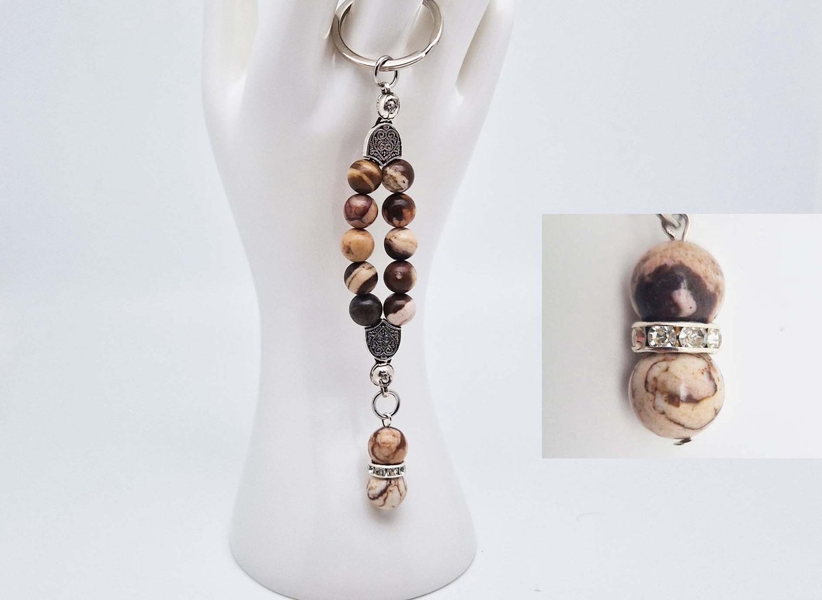 Handgemaakte Natuurstenen Sleutelhanger " Australia zebra jasper "- Met metaal hanger - 8 mm diameter van de korrel- Mooie accessoire en decoratie voor de auto-Vaderdag Cadeau -Moderdag Cadeau - Cadeau vrienden