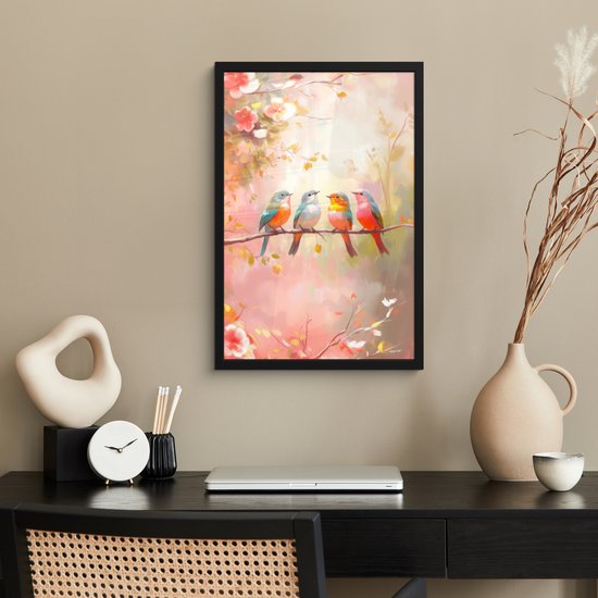 Poster in lijst - Fotolijst 40x60 cm - Posters - Vogels - Kleurrijk - Tak - Posterlijst zwart - Decoratie - Wanddecoratie woonkamer - Muurdecoratie slaapkamer