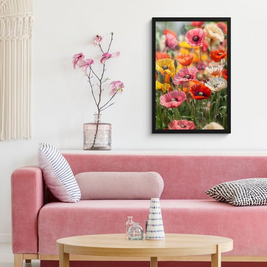 Poster in lijst - Fotolijst 40x60 cm - Posters - Bloemenveld - Klaprozen - Kleurrijk - Posterlijst zwart - Decoratie - Wanddecoratie woonkamer - Muurdecoratie slaapkamer