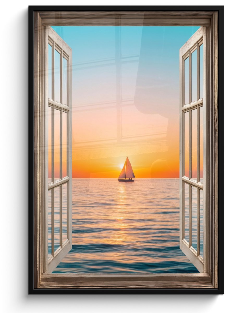 FrameYourWall Poster in lijst - Fotolijst 80x120 cm - Posters - Doorkijk - Zee - Boot - Zonsondergang - Posterlijst zwart - Decoratie - Wanddecoratie woonkamer - Muurdecoratie slaapkamer Zonsondergang - Boot