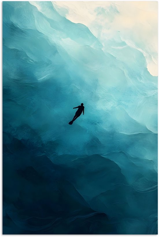 Abstract schilderij van diepblauwe golven met een zwevend silhouet van een persoon.