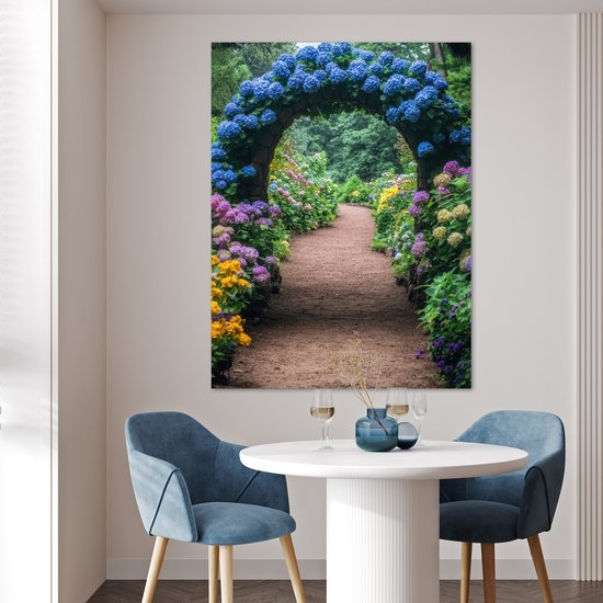 Poster 90x120 cm - Doorkijk - Bloemen - Hortensia - Pad - Posters - Kamer decoratie - Wanddecoratie woonkamer - Muurdecoratie slaapkamer