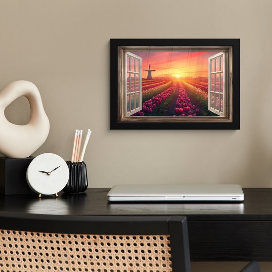 Poster in lijst - Fotolijst 30x20 cm - Posters - Doorkijk - Tulpen - Zonsondergang - Bloemen - Kleurrijk - Posterlijst zwart - Decoratie - Wanddecoratie woonkamer - Muurdecoratie slaapkamer