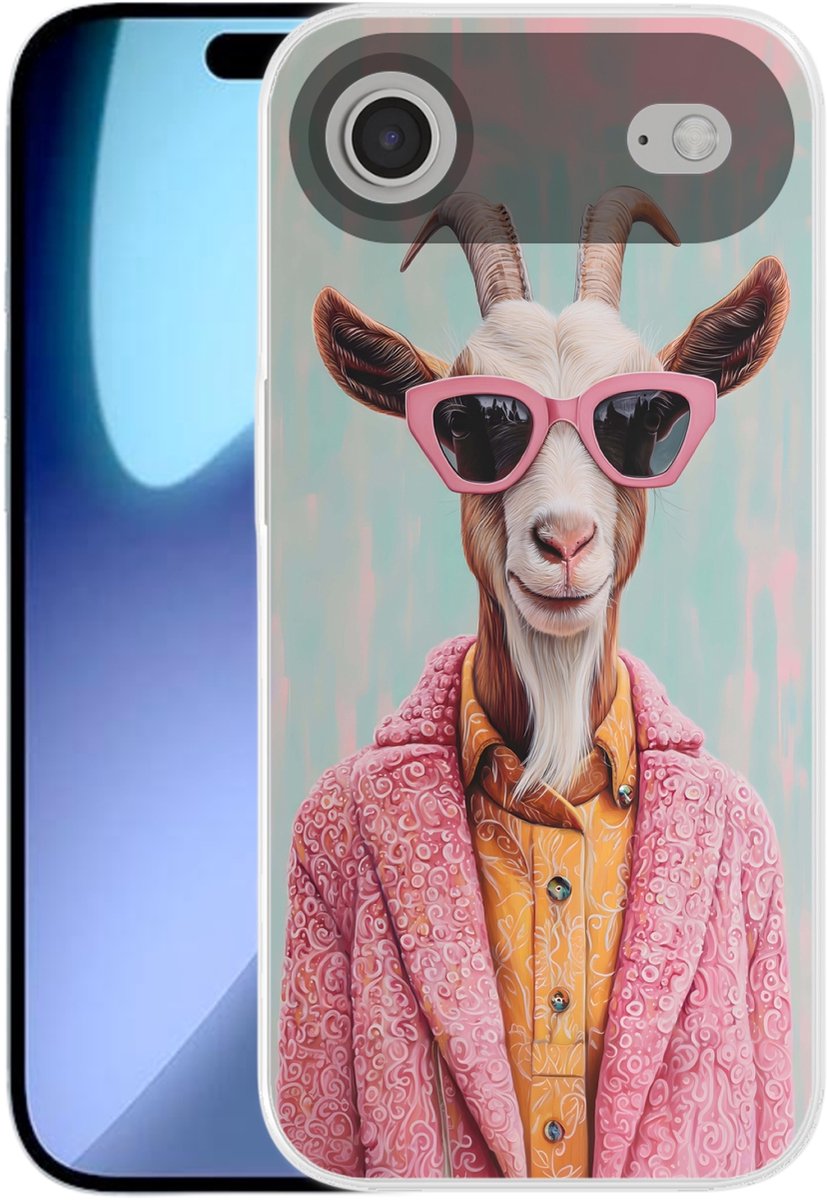 Telefoonhoesje Geschikt voor iPhone Air hoesje - Zonnebril - Roze - Geit - Horen - Siliconen Telefoonhoesje Telefoonhoesje