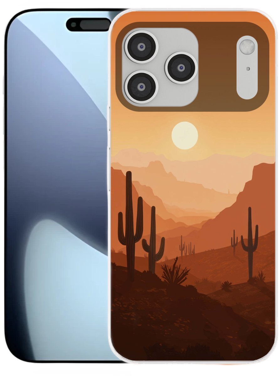 Telefoonhoesje Geschikt voor iPhone 17 Pro Max hoesje - Landschap - Woestijn - Cactussen - Zon - Siliconen Telefoonhoesje Telefoonhoesje
