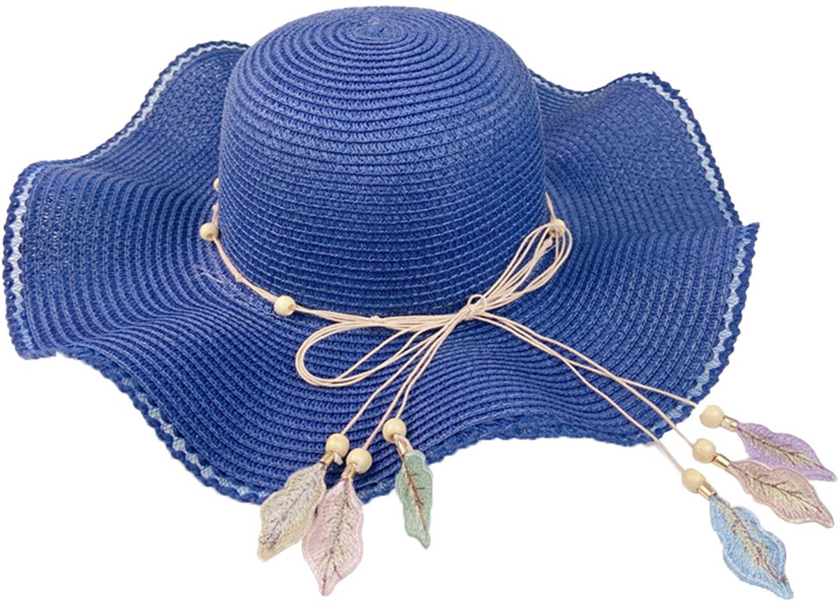 Damen-ZonneHoed-MetPerlen-Marineblauw-BreedKant-UVBescherming-Strand-Garten