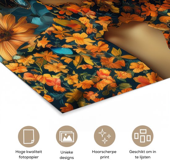 Affiche 40x60 cm - Femme - Fleurs - Oranje - Blauw - Moderne - Posters - Décoration chambre - Décoration murale salon - Décoration murale chambre