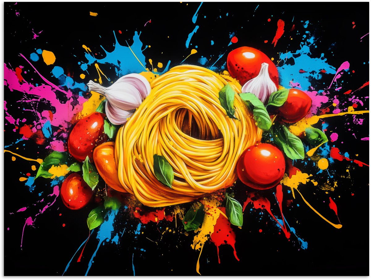 Poster 80x60 cm - Spaghetti - Graffiti - Verf - Kleurrijk - Eten - Modern - Posters - Kame