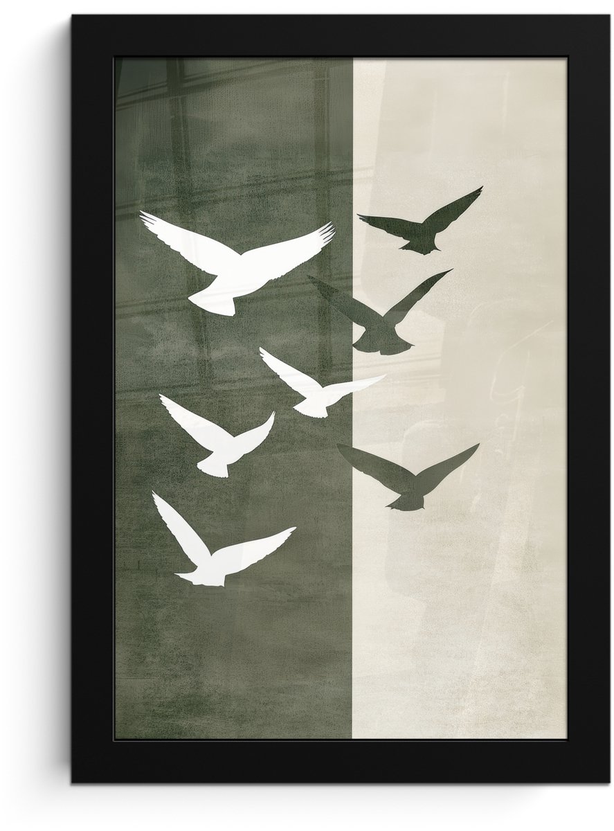 FrameYourWall Poster in lijst - Fotolijst 20x30 cm - Posters - Japandi - Vogel - Groen - Posterlijst zwart - Decoratie - Wanddecoratie woonkamer - Muurdecoratie slaapkamer