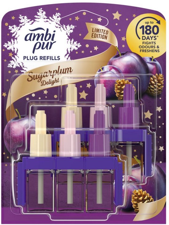 Ambi Pur plug refills Sugarplum Delight, Limited Edition, 3 stuks in paars en geel.