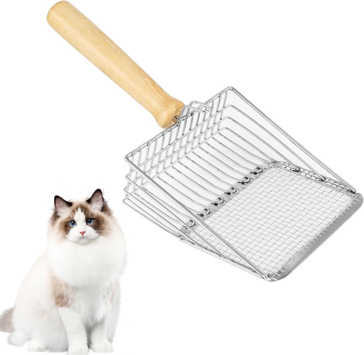 Ynkkvre - Kattenbak Schep - Metalen Kattenbak Schep met Comfortabel Houten Handvat - Zandafstand 7 mm - Kattenbak Accessoire - Katten Schep