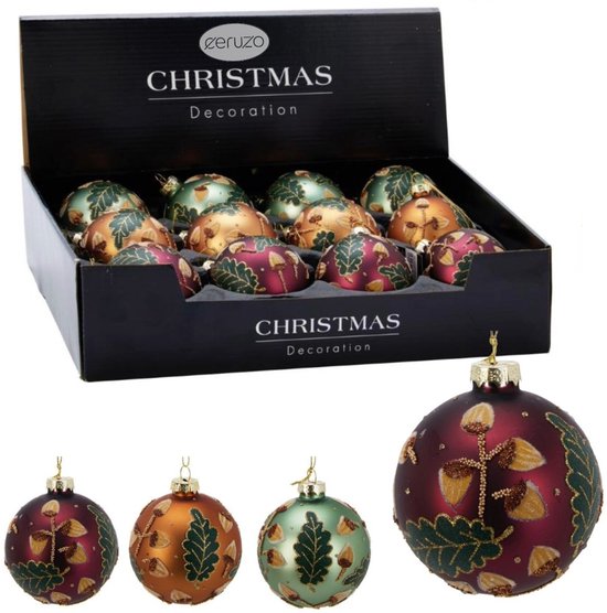 Ceruzo Glazen Kerstballen – Set van 12 – Mat – 8 cm – Rood – Groen – Goudbruin