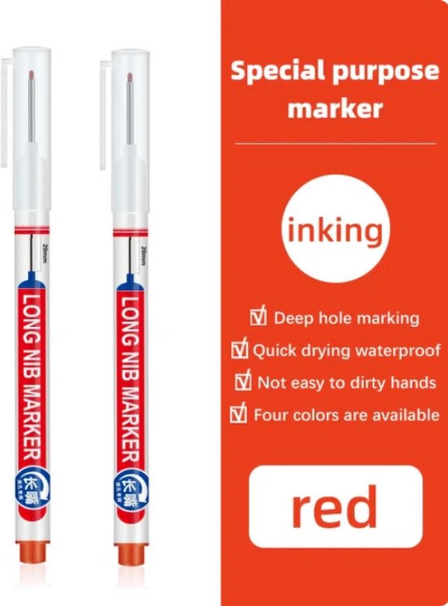 TLVX 2 stuks Verlengde Permanent Marker Rood – Markeerstift - Markeer Timmerman potlood inkt – Bouw Markering stift – Timmermanspen - 20mm Long Tip Marker – Diep gat marker – Teken Hout, Metaal, Glas, Spiegel, Tegels, Beton, Keramiek – Rode inkt