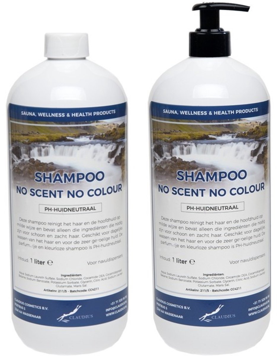 Shampoo No Scent No Colour - 1 liter - 2 Stuks - met pomp - Voordeelverpakking - Haarverzorging