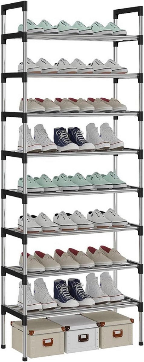 Zilver 16Mm Pijp Extra Stevige Schoenenrek Met 8 Niveaus - Hoge Schoenenplank Voor 16-24 Paar Schoenen - Schoenenrek Voor Gang - Woonkamer - Afmeting 56 X 30 X 140Cm