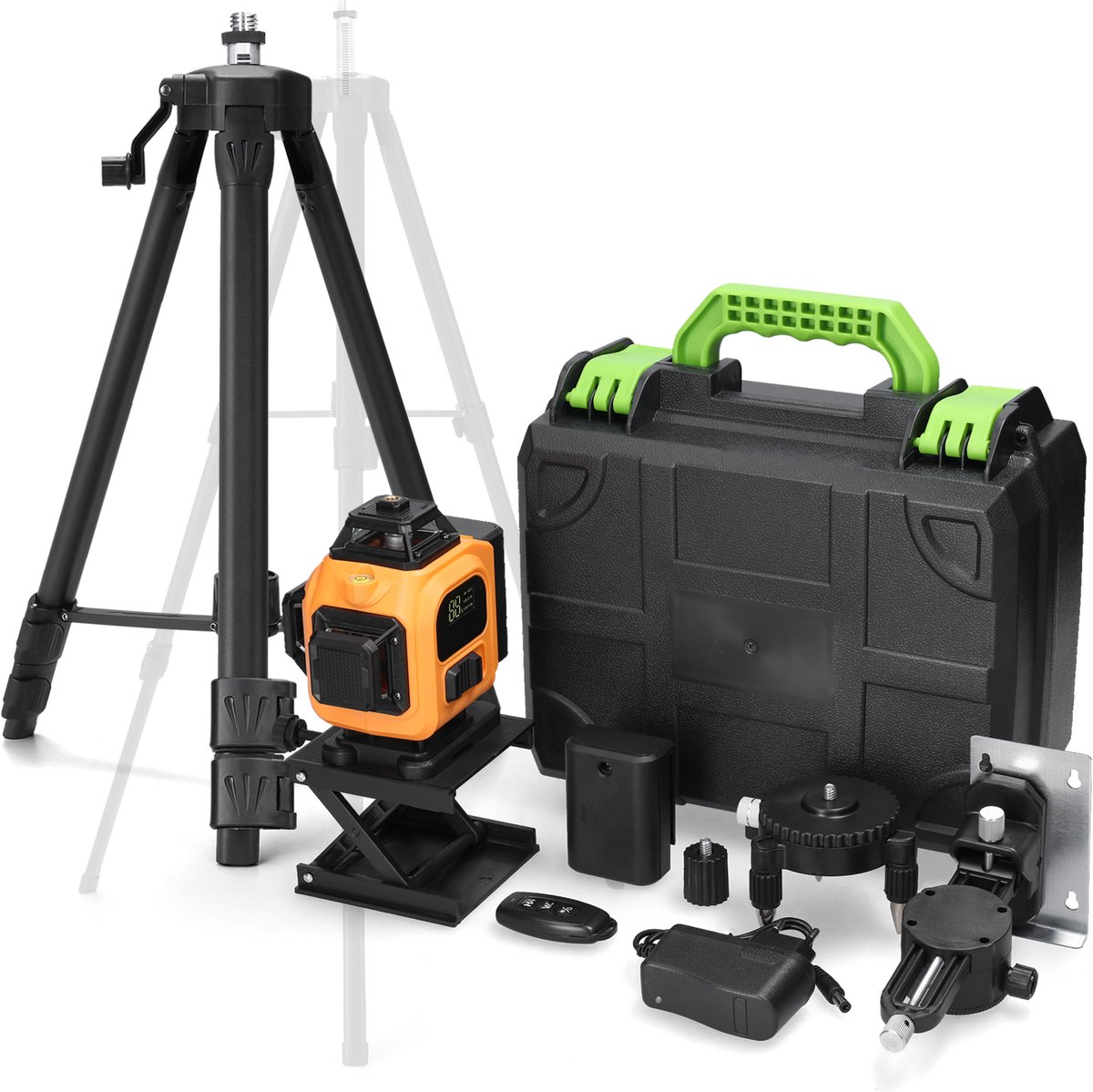 16-lijns groene laserwaterpas – 3° zelfnivellerend – 2 oplaadbare lithiumbatterijen – Afstandsbediening – Waterdichte constructie – 1,2 m statief – Doe-het-zelf gereedschapsset