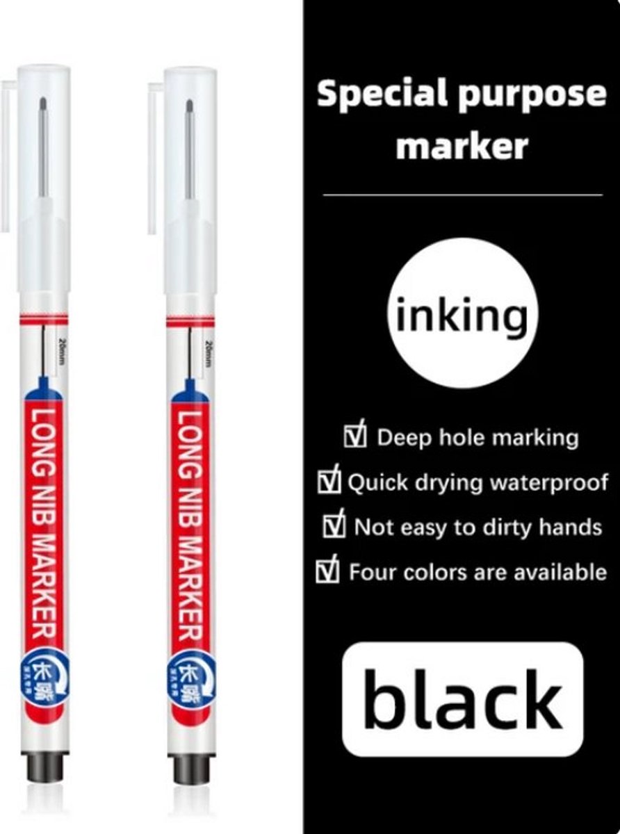 TLVX 2 stuks Verlengde Permanent Marker Zwart – Markeerstift - Markeer Timmerman potlood inkt – Bouw Markering stift – Timmermanspen - 20mm Long Tip Marker – Diep gat marker – Teken Hout, Metaal, Glas, Spiegel, Tegels, Beton, Keramiek – Zwarte inkt