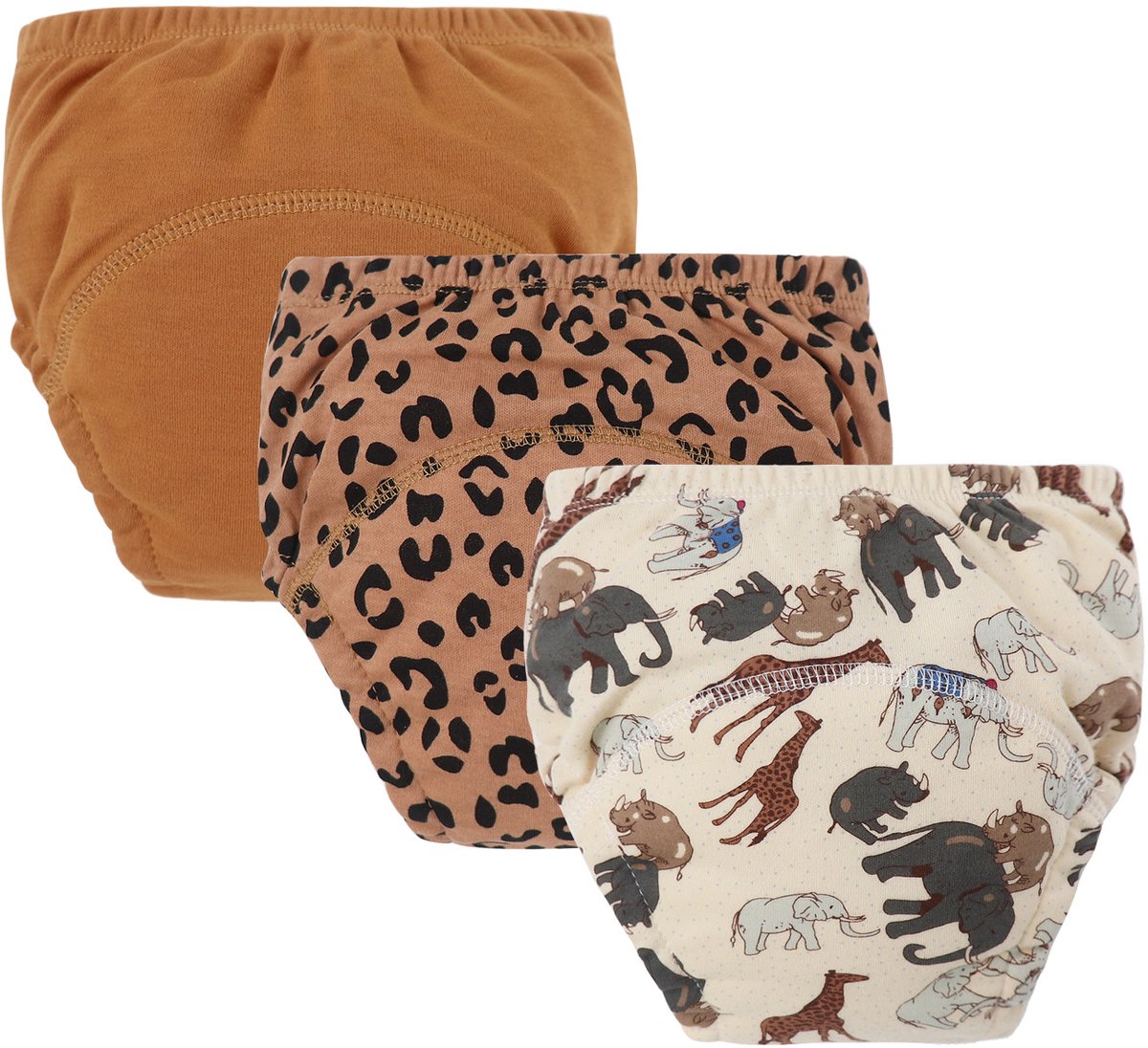 Image of 3-pack baby katoenen trainingsbroekjes - herbruikbare peuter zindelijkheidstrainingsbroekjes - karamel + bruin luipaard + grijze olifant (luiers) - geschikt voor jongens en meisjes van 12-18 kg