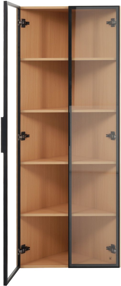 LED vitrinekast 62x35x160cm – Buitenkant van eikenhout, geïntegreerde LED-verlichting, stofvrije kast van gehard glas, hoekvitrine met deur – Verzamelkast, boekenkast, wijnkast, badkamermeubel-Eiken
