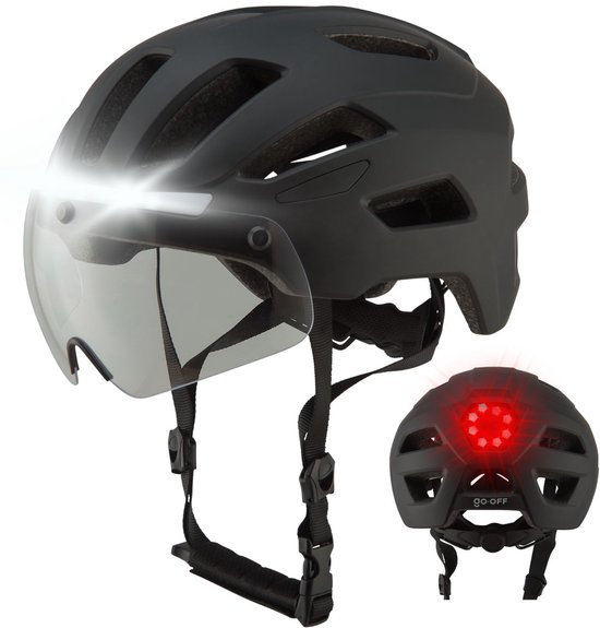 GOOFF® RIDER Fietshelm met Vizier en Verlichting - Ebike Helm voor Volwassenen - Geschikt voor Elektrische Fiets en Racefiets - LED Licht - Dames en Heren - Zwart - M