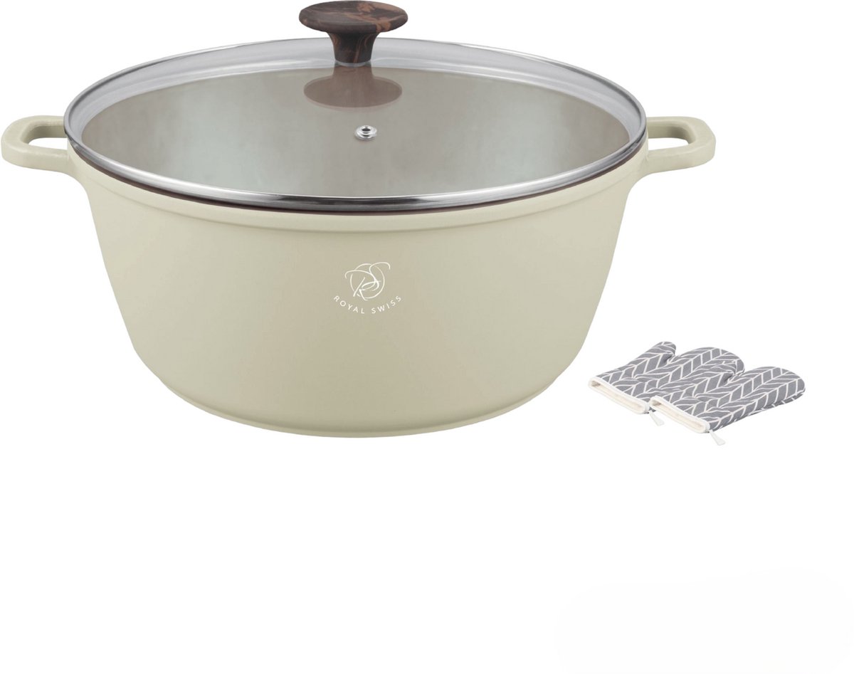 Royal Swiss® – Pan Ø28 cm – 6 L – Marmeren Coating – Koudgrepen – Geschikt voor Alle Warmtebronnen inclusief Inductie – Met Deksel