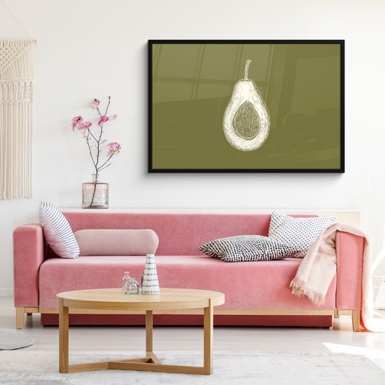 Poster in lijst - Fotolijst 120x80 cm - Posters - Avocado - Minimalistisch - Illustratie - Groen - Posterlijst zwart - Decoratie - Wanddecoratie woonkamer - Muurdecoratie slaapkamer