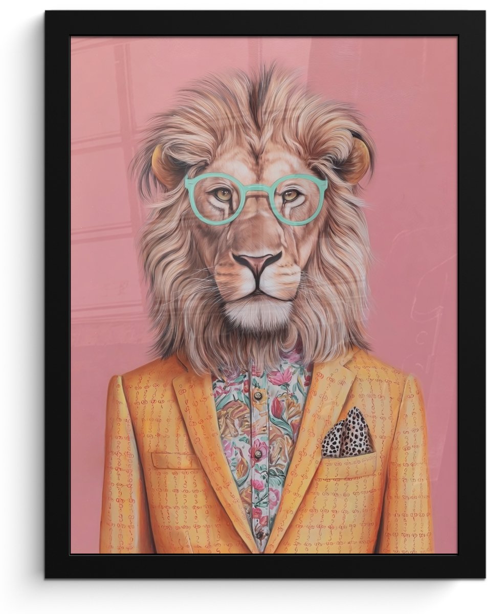 FrameYourWall Poster in lijst - Fotolijst 30x40 cm - Posters - Leeuw - Pak - Geruit - Bril - Posterlijst zwart - Decoratie - Wanddecoratie woonkamer - Muurdecoratie slaapkamer