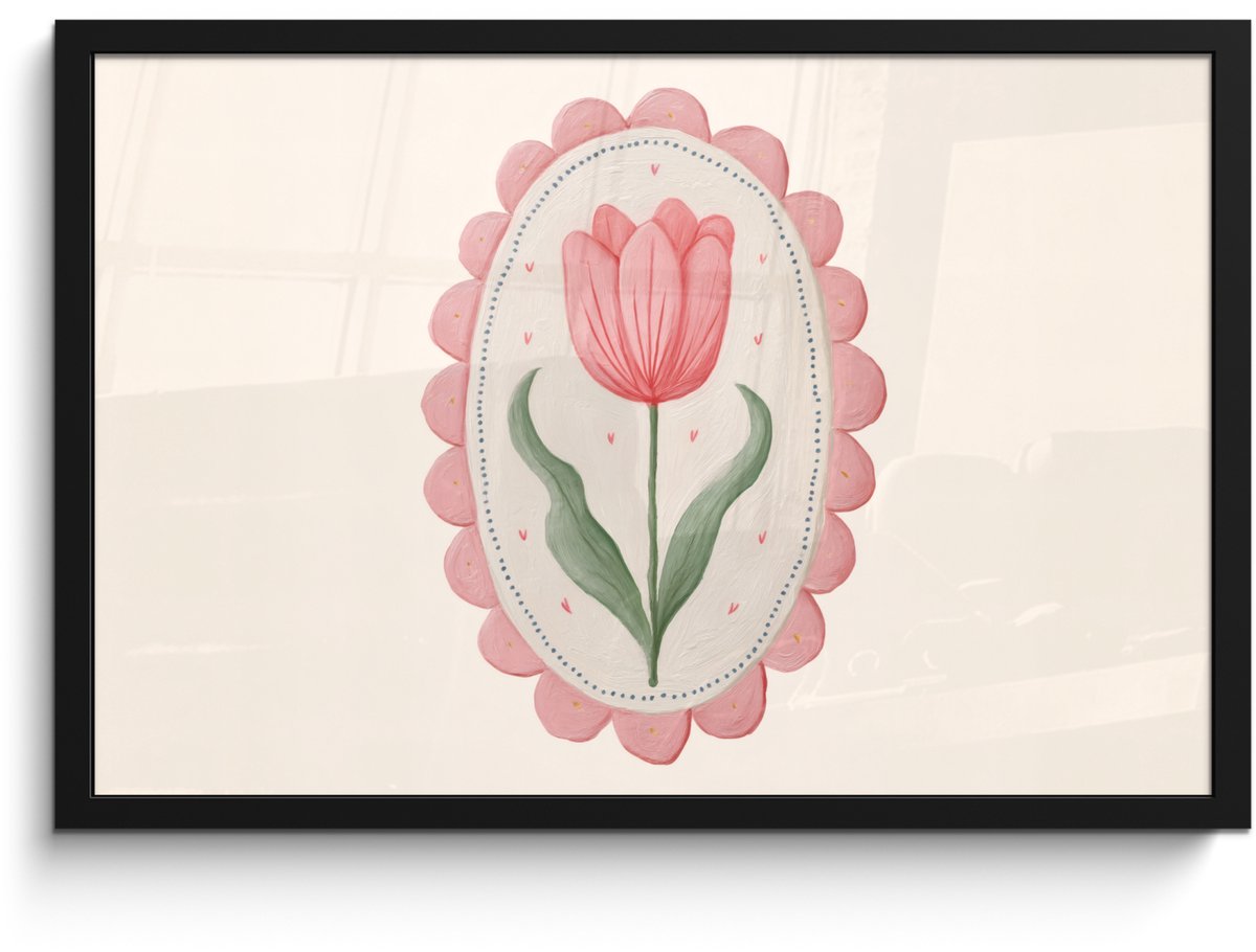 FrameYourWall Poster in lijst - Fotolijst 60x40 cm - Posters - Tulp - Lijst - Ovaal - Illustratie - Posterlijst zwart - Decoratie - Wanddecoratie woonkamer - Muurdecoratie slaapkamer Tulp - Ovaal