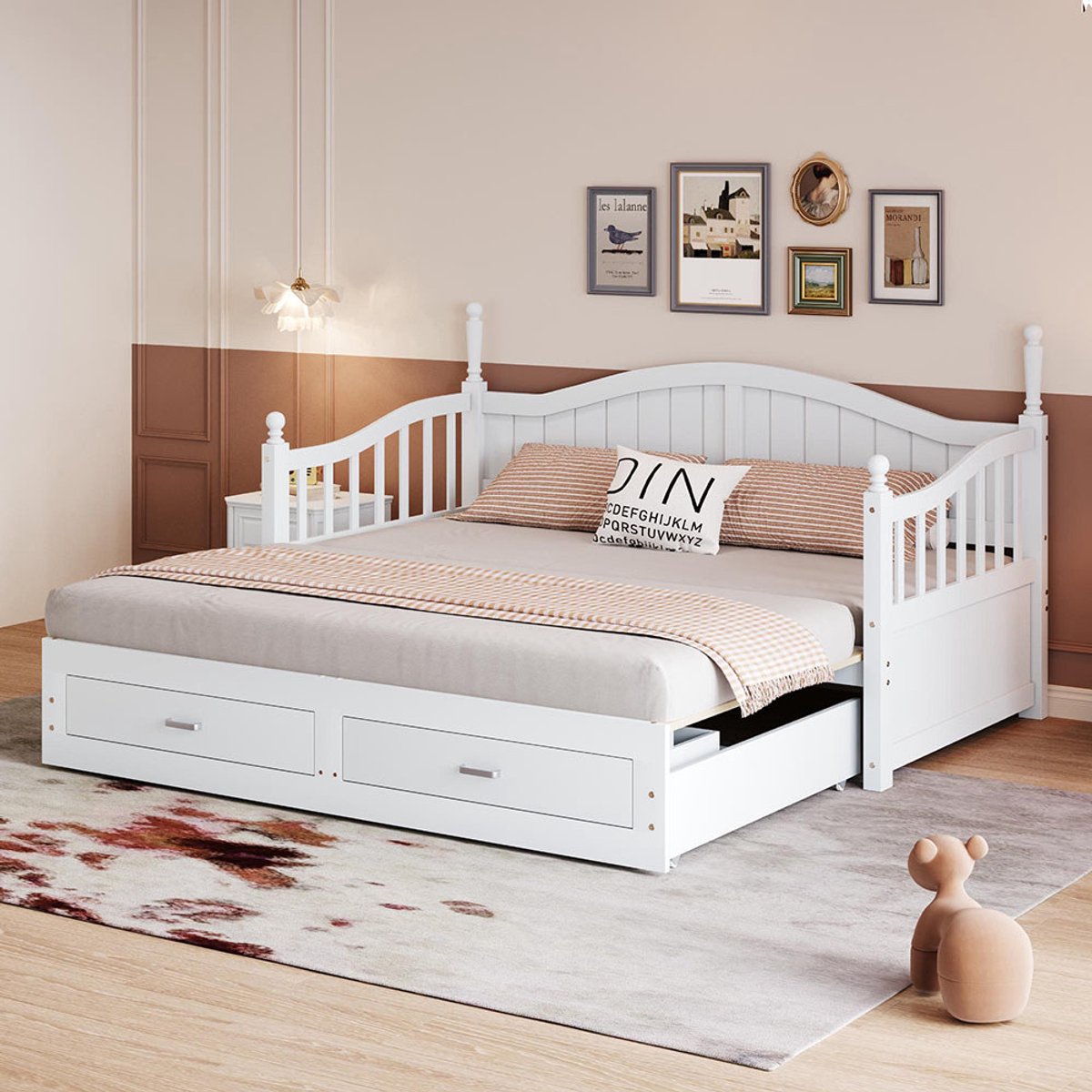 BLACKCOLORS Uitschuifbare slaapbank Van massief hout 90/180*190 cm, met Romeinse zuilen, gebogen rugleuning en armleuningen, met lades en lattenbodem, multifunctioneel bed Van grenenhout, wit