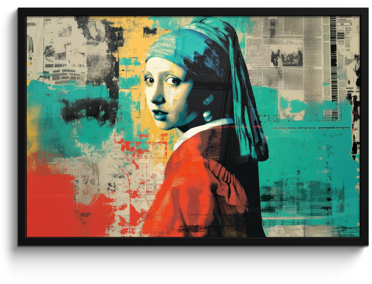 FrameYourWall Poster in lijst - Fotolijst 90x60 cm - Posters - Klassiek - Pareloorbel - Streetartstijl - Kleurrijk - Posterlijst zwart - Decoratie - Wanddecoratie woonkamer - Muurdecoratie slaapkamer Vrouw - Klassiek - Pareloorbel