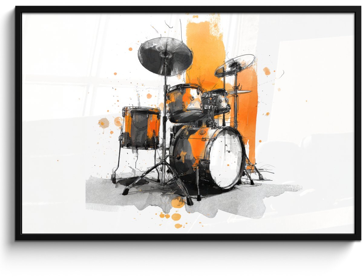 FrameYourWall Poster in lijst - Fotolijst 120x80 cm - Posters - Drumstel - Oranje - Zwart - Aquarelverf - Posterlijst zwart - Decoratie - Wanddecoratie woonkamer - Muurdecoratie slaapkamer