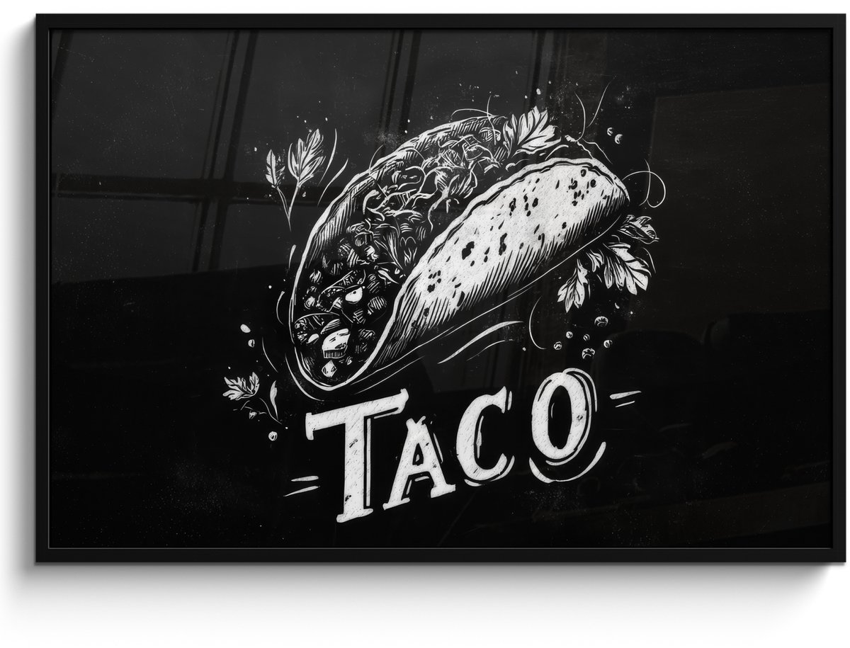 FrameYourWall Poster in lijst - Fotolijst 120x80 cm - Posters - Taco - Kruiden - Witte krijtstijl - Tekst - Posterlijst zwart - Decoratie - Wanddecoratie woonkamer - Muurdecoratie slaapkamer