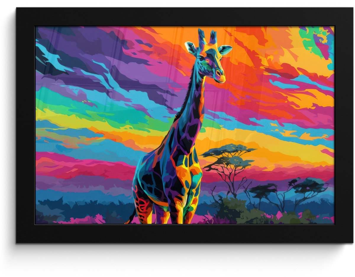 FrameYourWall Poster in lijst - Fotolijst 30x20 cm - Posters - Giraffe - Savanna - Lucht - Gekleurd - Posterlijst zwart - Decoratie - Wanddecoratie woonkamer - Muurdecoratie slaapkamer Giraffe - Kleurrijk